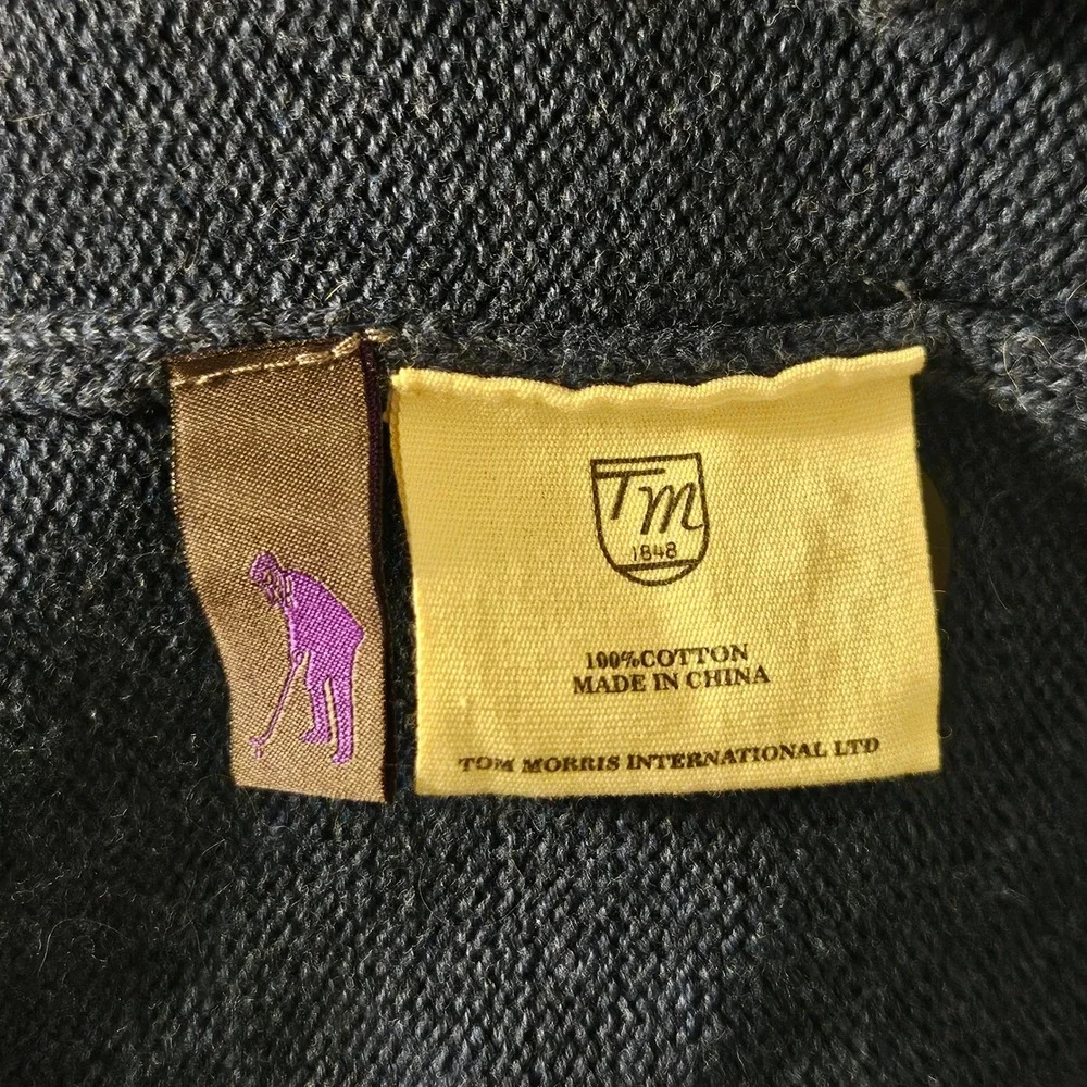 Tom Morris St Andrews Mens Medium Cotton Shawl Collar Cardigan Sweater Blue Gold